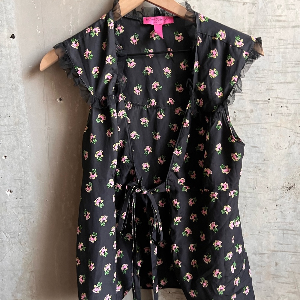 Betsey Johnson Black Floral Slip Dress with Pink & Green Buds